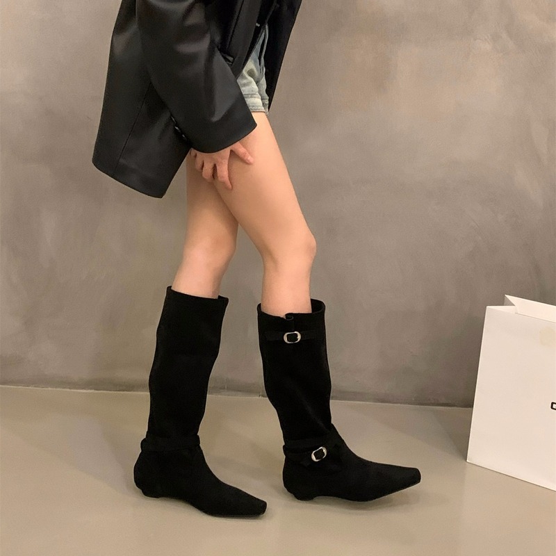 粗跟绒面棕色瘦瘦长筒靴女靴子2025新款秋冬季方头堆堆长靴骑士靴|undefined