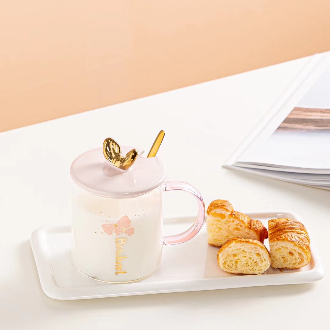 Estilo japonés creativo Rosa chica corazón cristal transparente arco regalo personalizado taza con tapa cuchara taza de café