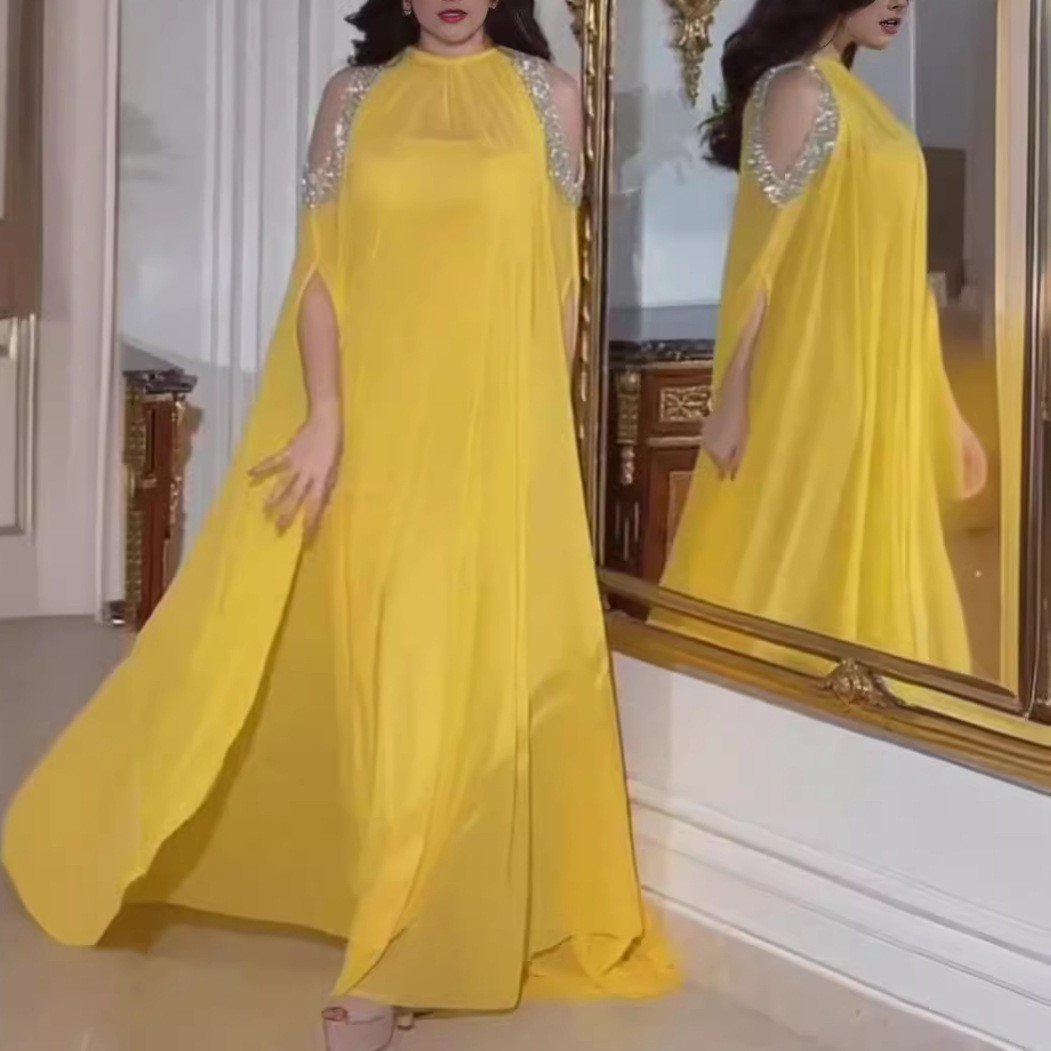 Conjunto de Dos Piezas de Vestido de Noche de Gasa con Lentejuelas y Capa, Estilo Europeo y Americano, Elegante y Sexy, Primavera/Verano 2023