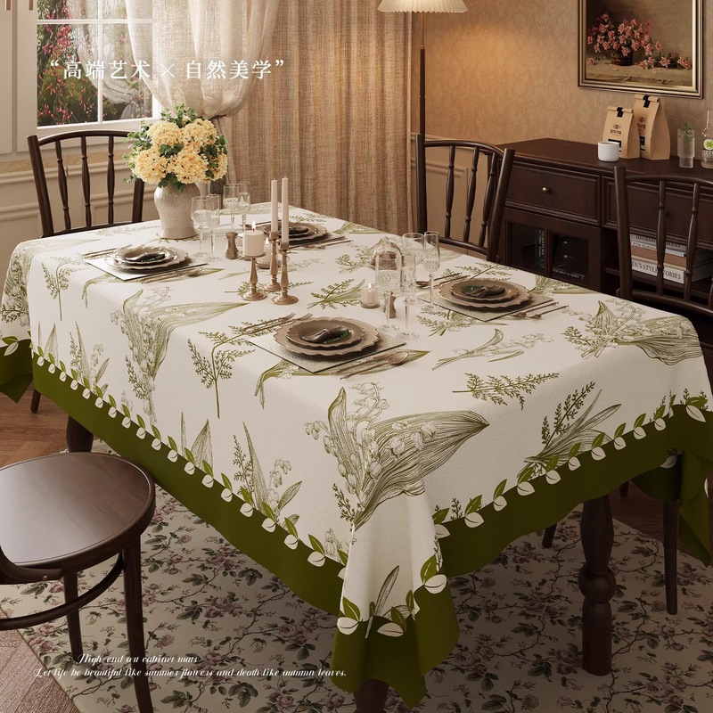 French-Style Forest-Themed Green Plant and Floral Short-Pile Tablecloth, Vintage Pastoral Dining Table Mat, Afternoon Tea Shop Soft Decor Table Mat, Coffee Table Cover