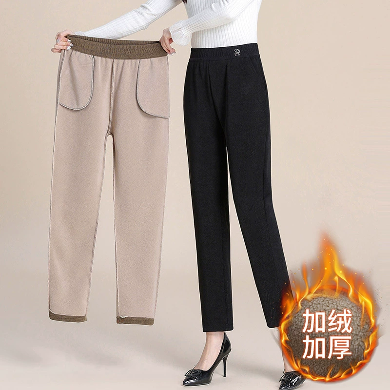 Зимний бархатный утолщение штанов для мамы среднего возраста с высокой талией, чтобы согреться и носить весенние и осенние вельветовые повседневные прямые брюки
