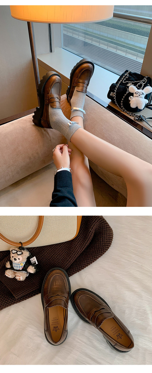 Giày lười nữ mũi tròn miệng sâu đế xuồng da thật gót vừa phải — Màu nâu, Màu đen chi tiết 21