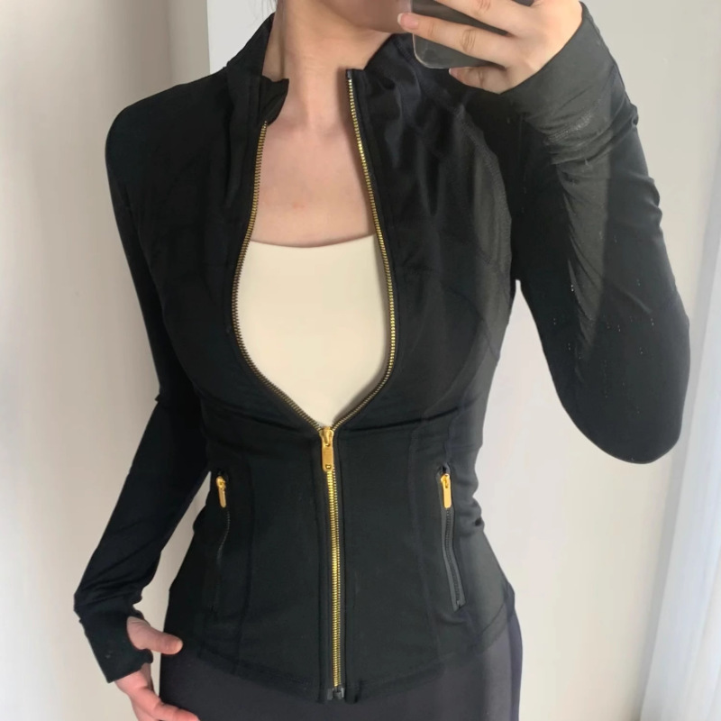 High Version Lu Home Define Stand Collar Jacket Classic Pure Color Waist Zipper Jacket Slimming Look Sports Top for Women