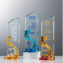 帆船水晶奖杯高档琉璃海浪水晶彩印水上运动颁奖荣誉奖牌制作