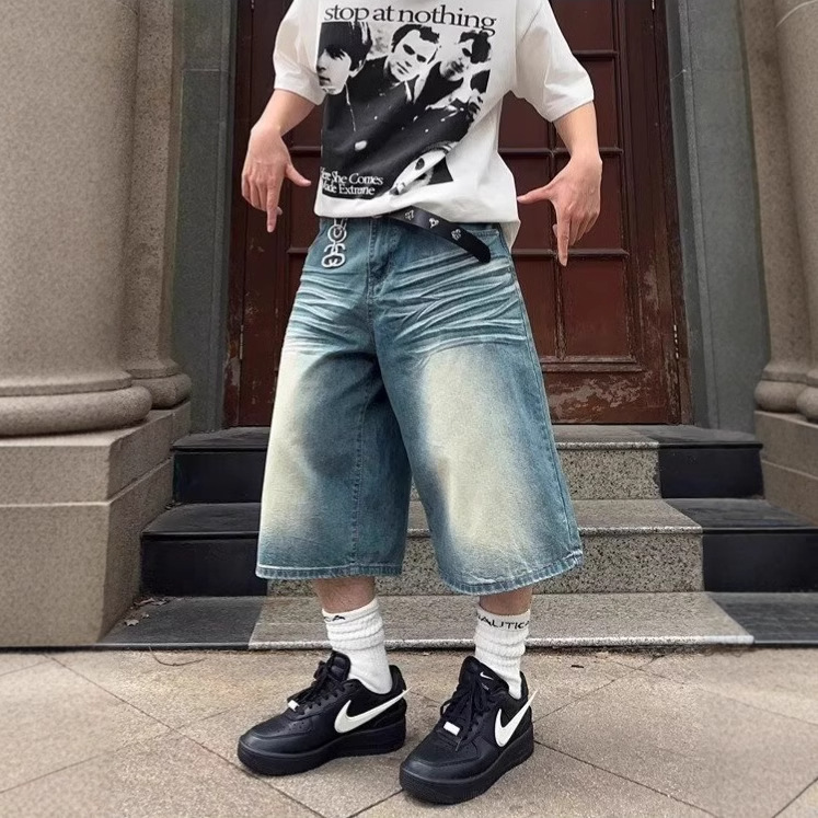Washed Blue Cat-whisker Cropped Jeans Men's Summer Thin Gradient Loose Shorts American Style Straight Trendy 7-point Pants