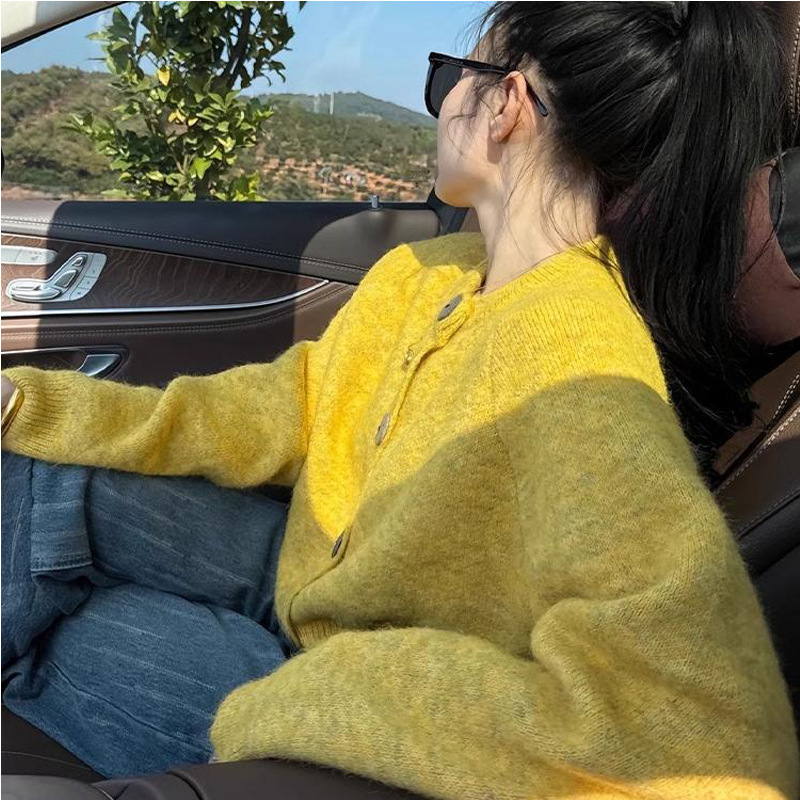 高级感小众慵懒风针织开衫春秋新款宽松小个子别致软糯黄色外套女|undefined