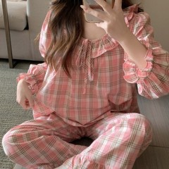 韩国ins女士韩版甜美小清新宽松透气格纹长袖长裤秋季外穿家居服