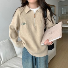 半拉链polo领字母刺绣套头毛衣女秋冬内搭慵懒风宽松打底针织上衣