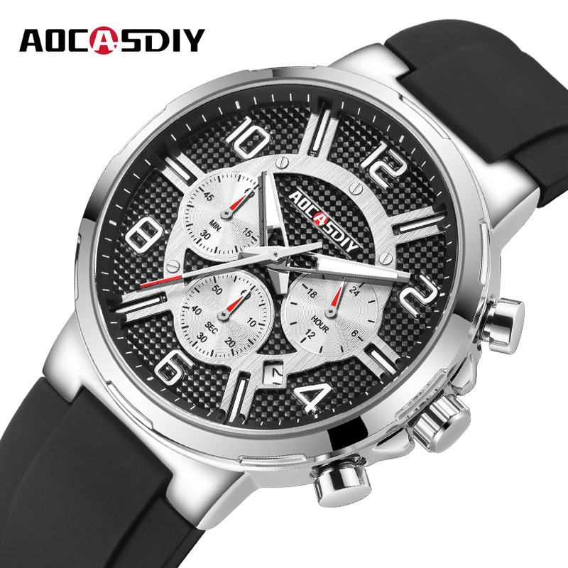 AOCASDIY sports watch popular casual men's watch multi-function timing large dial waterproof silicone strap quartz watch