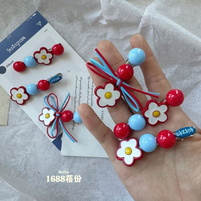 时尚红蓝撞色半圆花朵蝴蝶结发夹韩版高颜值少女心刘海侧边夹可爱|undefined