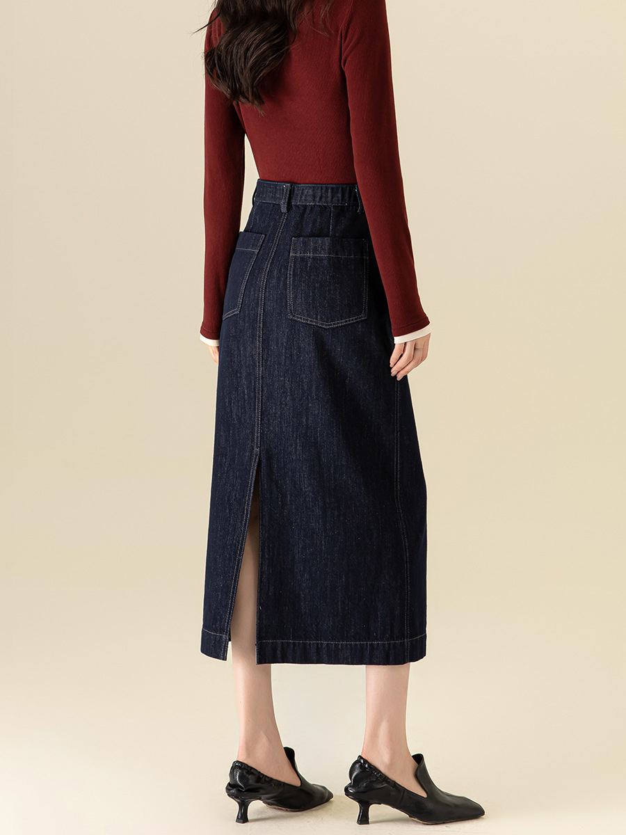 Chân váy jean nữ dài cạp cao co giãn dáng chữ A — Màu xanh denim