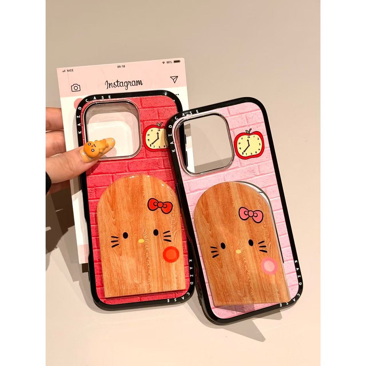 Summer Cute Brick Wooden Door Bow Kt Cat Suitable for Apple 16/15/14/13 All-Inclusive Anti-Fall Mobile Phone Case