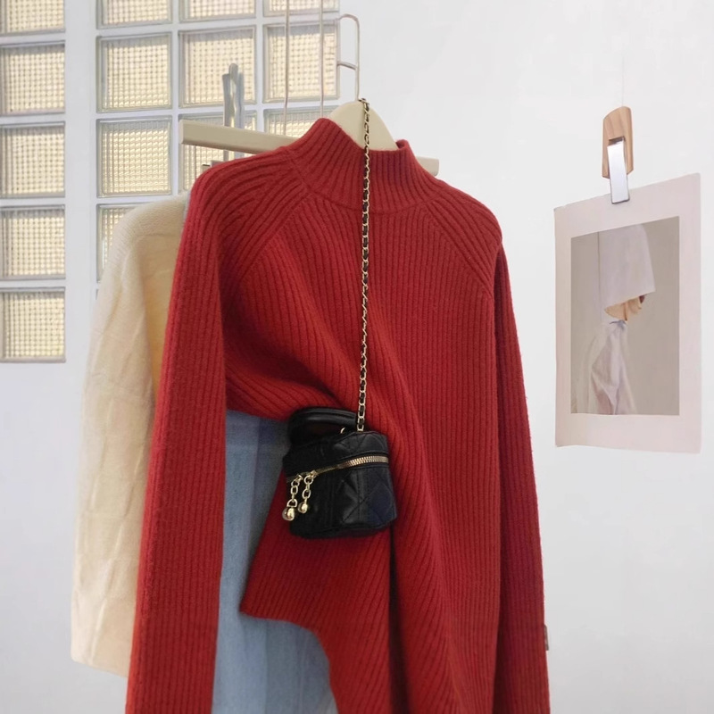 Christmas Red Half-High Neck Inner Base Shirt Women's Winter New Year Lazy Wind Mid-Neck Knitted Sweater Thickened Autumn and Winter Christmas Red Half-High Neck Inner Base Shirt Women's Winter New Year Lazy Wind Mid-Neck Knitted Sweater Thickened Autumn and Winter