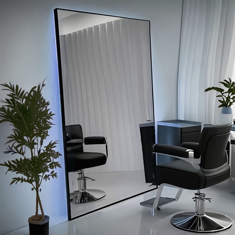 Barbería espejo salón especial de corte de pelo piso salón de espejo mesa de aleación de aluminio simple y doble cara con lámpara espejo barbería