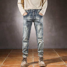 牛仔裤男刺绣破洞补丁潮流时尚型男复古长裤子 jsn852男