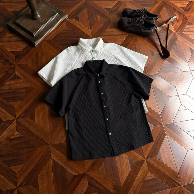 Jbp "Tears of the Ocean" Short-Sleeved Shirt T-Shirt Turquoise Textured Pleated Shirt Old Money Boxy Top for Men
