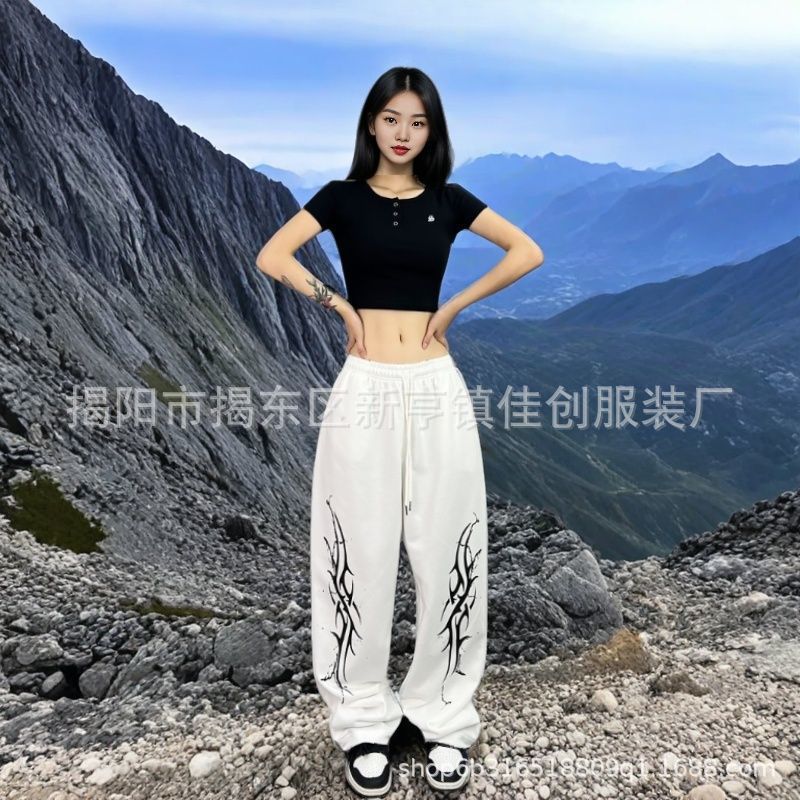 春秋季新款美式水洗个性印花设计休闲裤宽松大口袋直筒阔腿裤子女