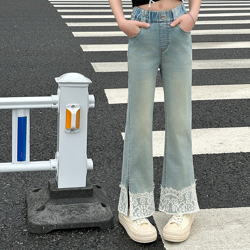 Girl's Pants Summer Thin 2025 New Style Summer Dress Girl's Western Style Slim-Fit Lace Split Straight Jeans for Children