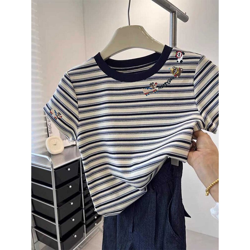 2026 Summer New Design Color-Block Striped Short-Sleeve T-Shirt for Women, Slim Fit with Cartoon Print, Unique Top