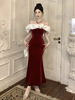 One line neckline waist wrapped hip skirt velvet formal dress