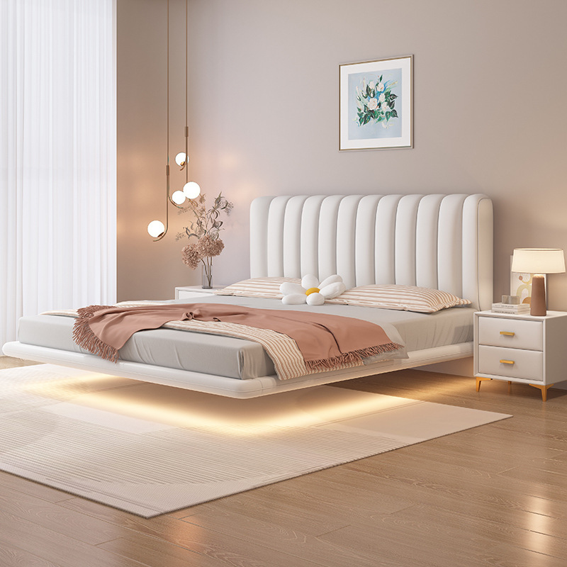 Floating Bed Cream Style Light Luxury Modern Nordic Minimalist Instagram Cream Style Master Bedroom Double Leather Bed Floating Bed