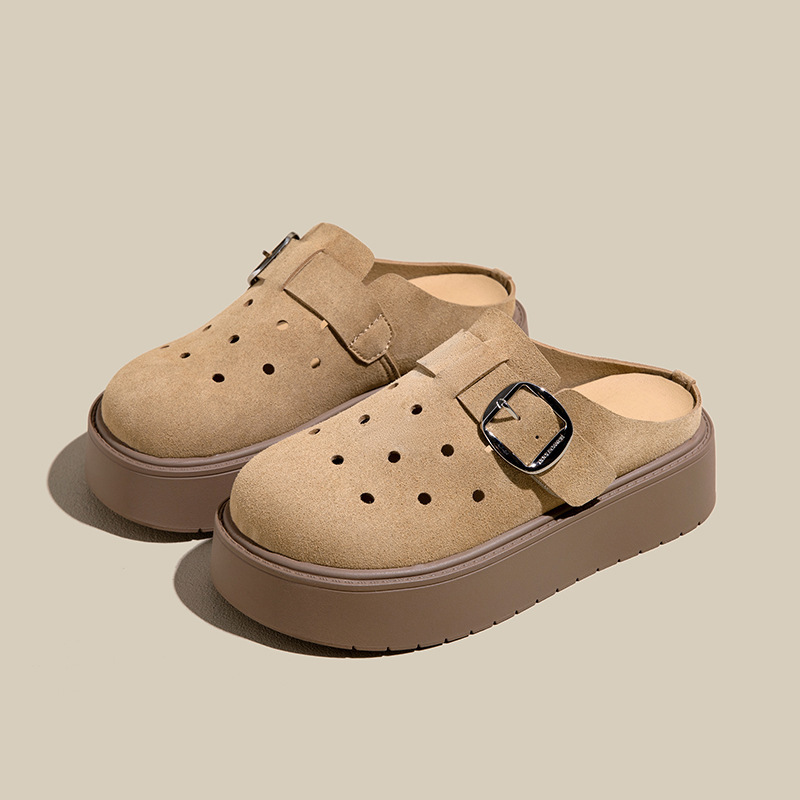 Genuine Leather Thick-Soled Birkenstock Shoes for Women, Small Sizes 31, 32, 33, Perforated Clogs, Outdoor Wear, Closed-Toe Half Slippers, New Summer Style, Height-Increasing Genuine Leather Thick-Soled Birkenstock Shoes for Women, Small Sizes 31, 32, 33, Perforated Clogs, Outdoor Wear, Closed-Toe Half Slippers, New Summer Style, Height-Increasing