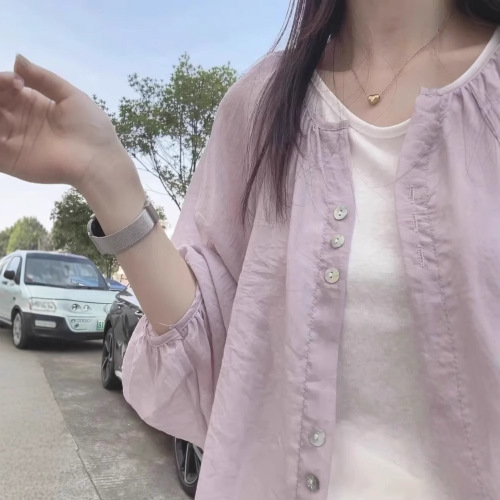 French-style gentle lavender silk-linen sun shirt for women, summer thin model, outerwear overlay tunic, loose bell sleeve blouses and coats