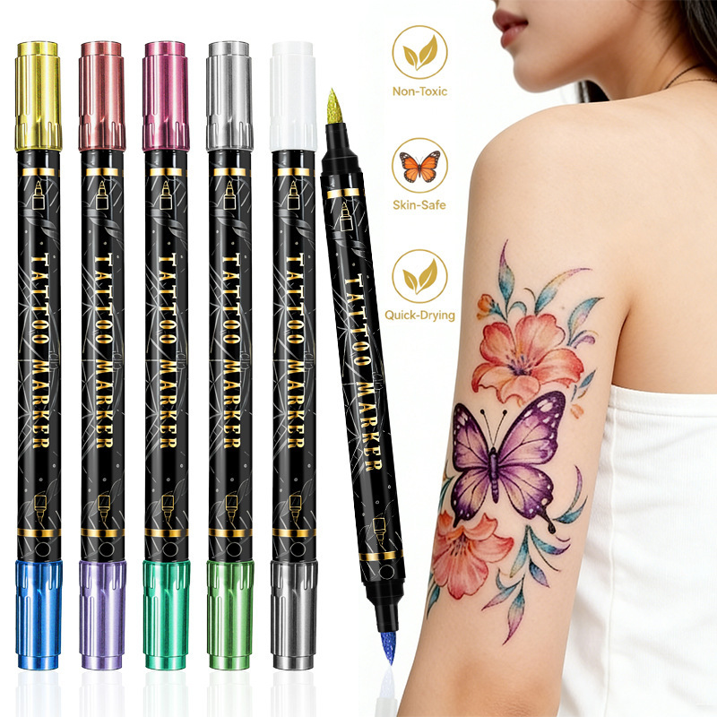 Double-Ended Dual-Color Body Painting Tattoo Pen, Soft-Tipped Metallic Skin Marker Pen, Removable Temporary Tattoo Pen Double-Ended Dual-Color Body Painting Tattoo Pen, Soft-Tipped Metallic Skin Marker Pen, Removable Temporary Tattoo Pen