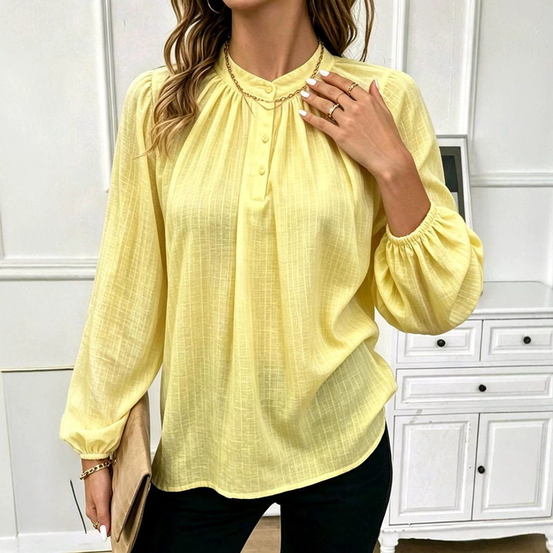 2026 European and American women's early autumn small stand-up collar shirt, half-buttoned, jacquard, lantern sleeves, loose fit, slimming women's clothing