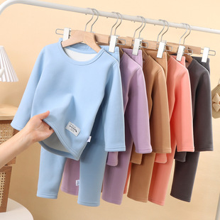 De velvet children's underwear suit fleece-lined thickened Olympic fleece autumn clothes long pants medium and big children boys and girls Warm Suit