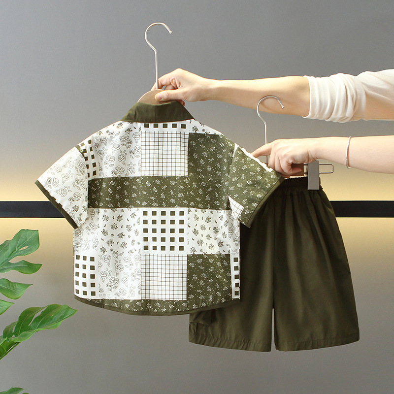 7866 traje de verano para niños 2025 nuevo estilo para niños camisa de moda estilo occidental pantalones cortos ropa de verano de dos piezas de moda