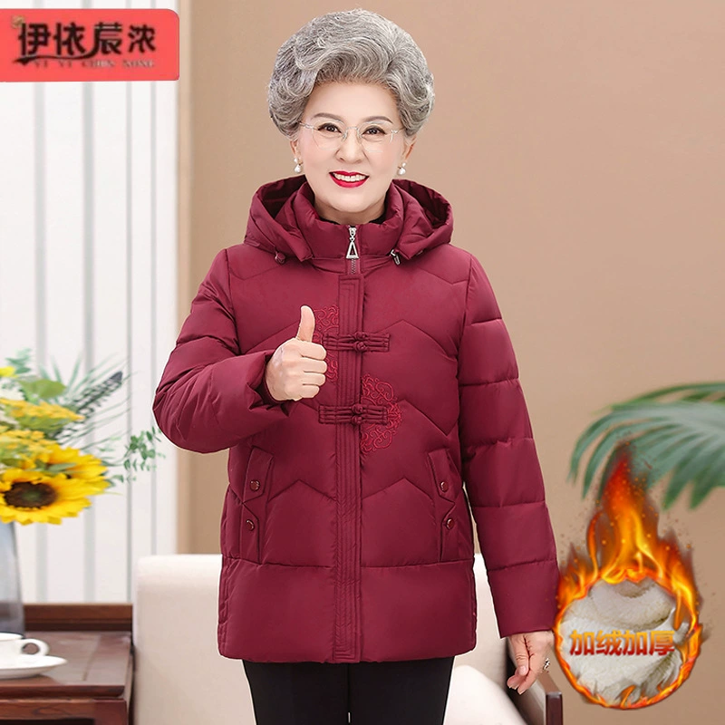 Среднее и старое женское зимнее хлопчатобумажное пальто бабушки бархат утолщенные теплая хлопчатобумажная куртка пожилая одежда с капюшоном хлопчатобумажная куртка