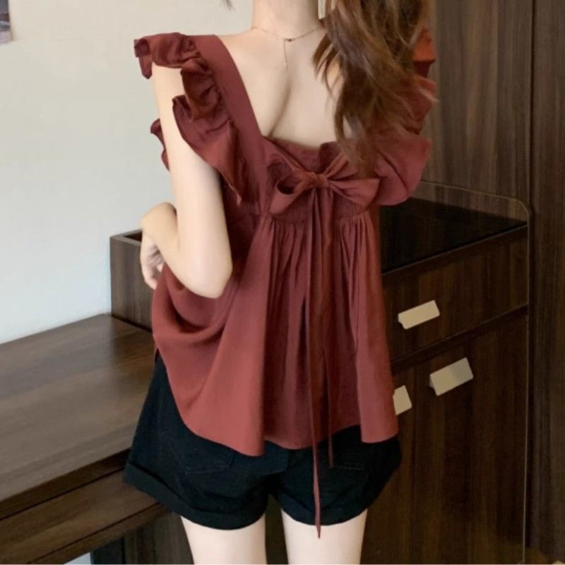 French Sweet Design Square Collar Backless Bow Chic Shirt Summer Sleeveless New Doll Top