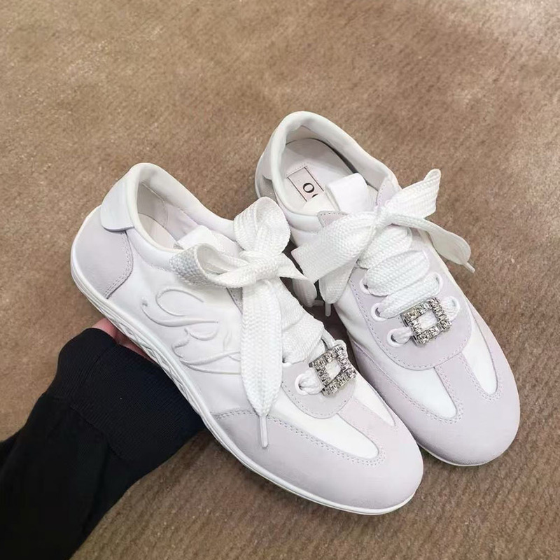European and American Foreign Trade Small Square Buckle Rv German Training Shoes for Women, New Suede Flat Casual Sneakers with Rhinestone Buckle, White Shoes