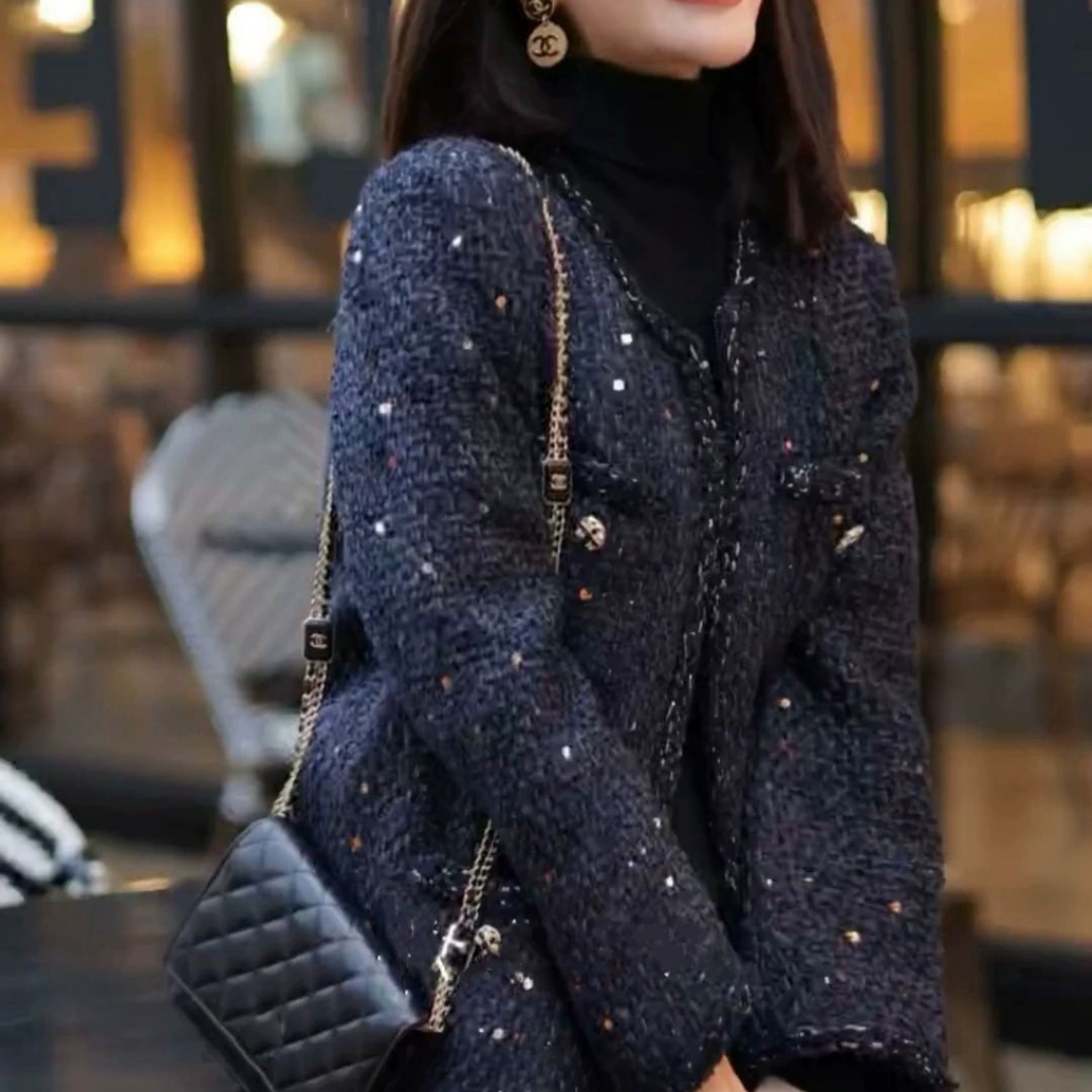 Шерстяное пальто (в стиле Chanel) больших размеров, текстура твид, скрытый зеленый, размеры L–5XL