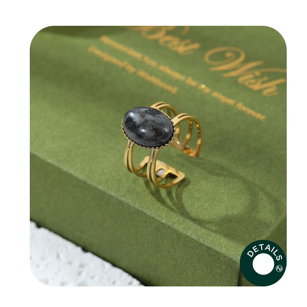 Fashion Oval Stainless Steel Plating Inlay Natural Stone Open Ring 1 Piece