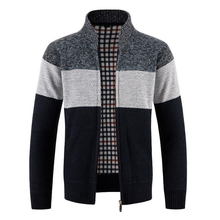 Suéter de hombre nuevo de otoño e invierno con forro polar, talla grande, suéter tipo chaqueta para hombre de Amazon, cárdigan con cuello alto y bloques de color