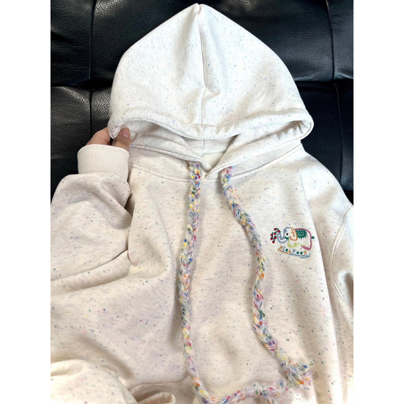 왕리 한국 스타일 달콤한 코끼리 자수 후드 스웨터 여성의 2024 가을 겨울 새로운 느슨한 한국 스타일 후드 인