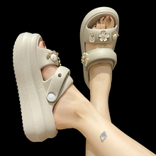 凉鞋女夏季网红可爱花朵珍珠外穿松糕厚底高跟两穿沙滩防滑凉拖鞋