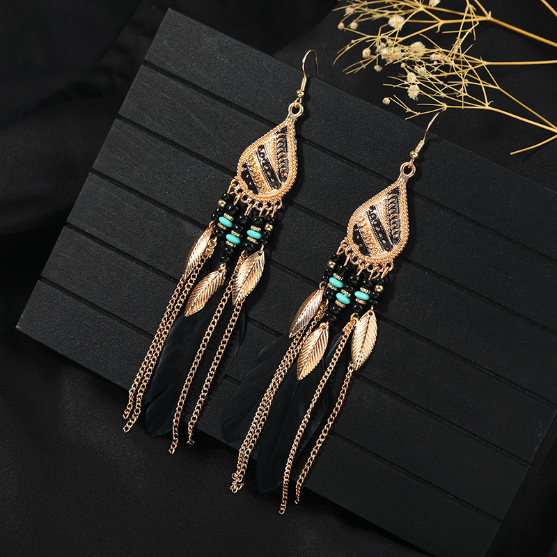 1 Pair Chinoiserie Ethnic Style Classic Style Water Droplets Tassel Alloy Feather Drop Earrings display picture 11