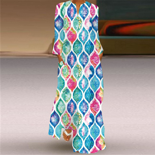 2026 New Women's Long Dress for Spring and Summer Cross-border Sales from Europe and America, V-neck, Long-sleeved, Pockets, Printed, Loose Fit Dress