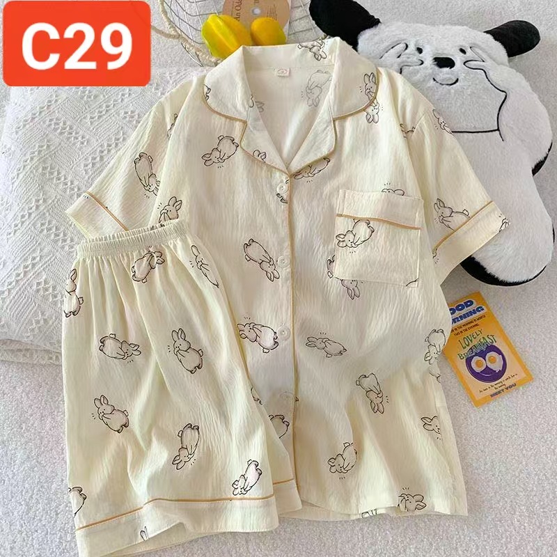 Al por mayor transfronterizo pantalones cortos de manga corta nubes pijamas de algodón de dibujos animados lindos cardigan con solapa primavera y otoño set de ropa para el hogar