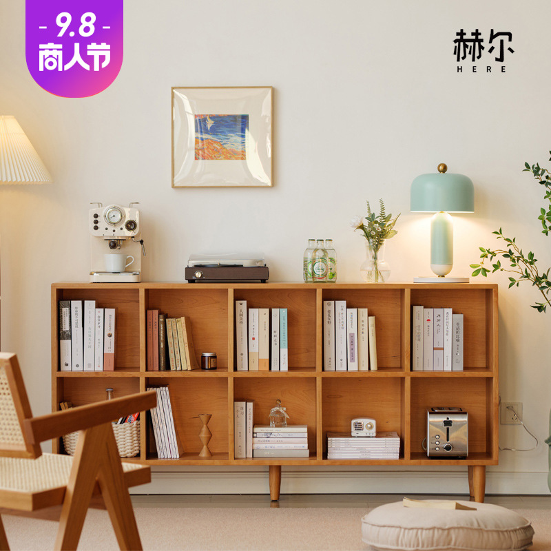 Nordic cherry wood bookshelf display rack, solid wood living room bookshelf shelf, partition Japanese study multi-layer bookshelf