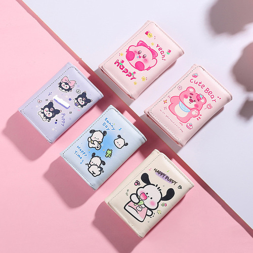 Mini Wallet Women's Kuromi Pacha Dog Tri-fold Multifunctional Wallet Student Portable Plaid Card Holder Driver's License