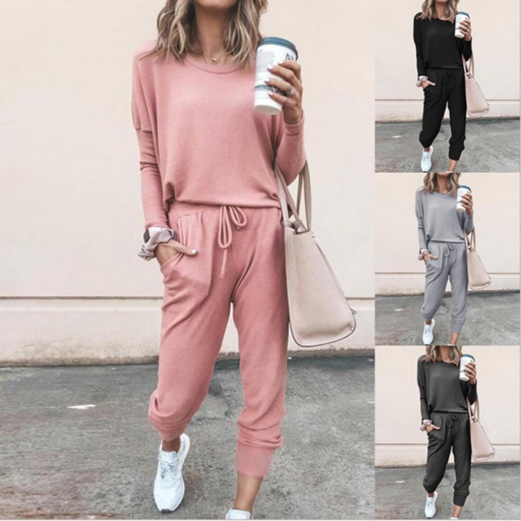 A Large Number Of Spot Autumn And Winter New Cross-border European And American Women's Clothing Amazon Popular Loose Solid Color Long-sleeved Casual Suit