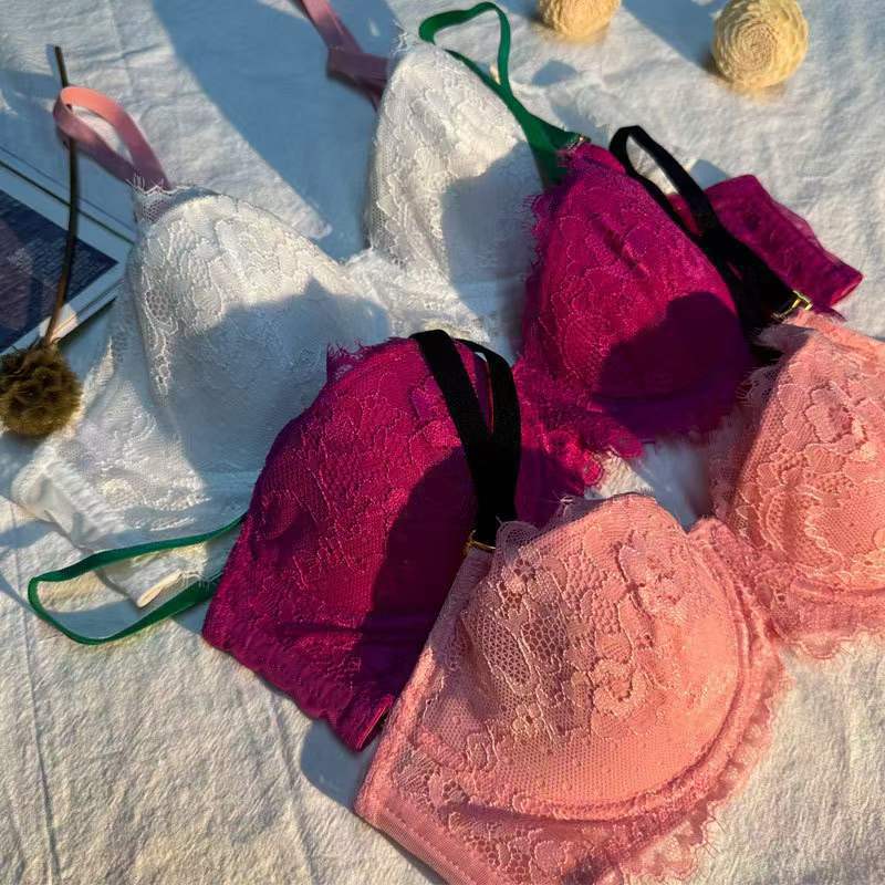 French style bra lace underwear women's thin cup small chest large push up bra suit dopamine contrast color bra