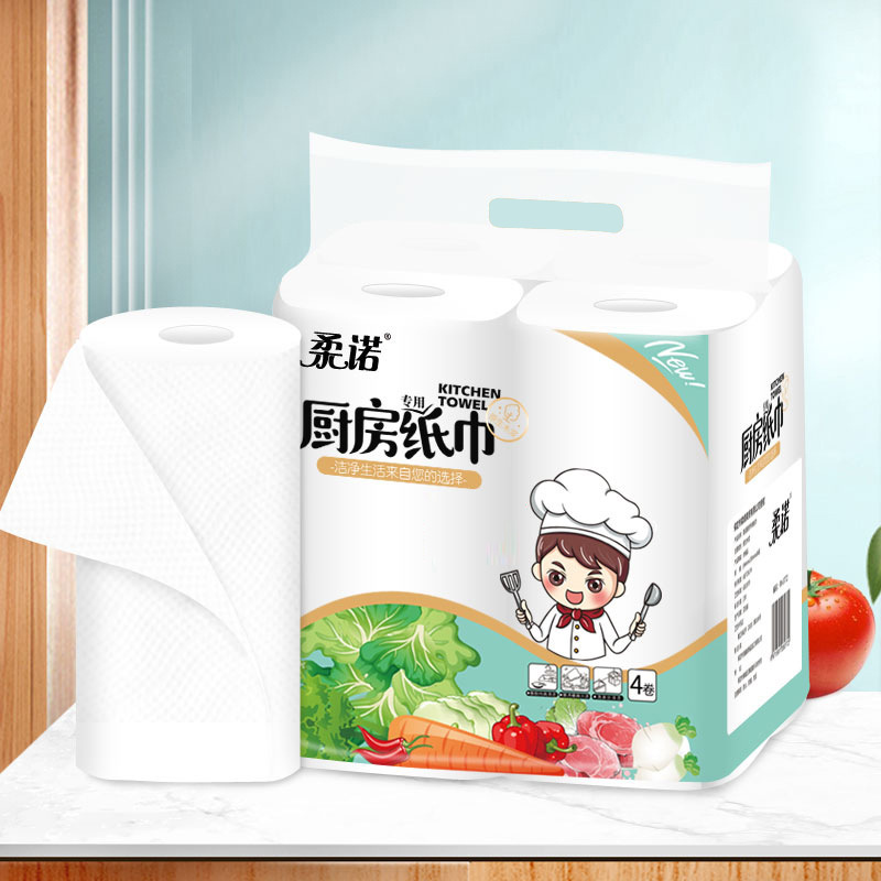 Rouno Kitchen Roll Paper Household Cleaning Napkin 4 Rolls Full Box Delivery Kitchen Paper Roll Paper Manufacturer Wholesale