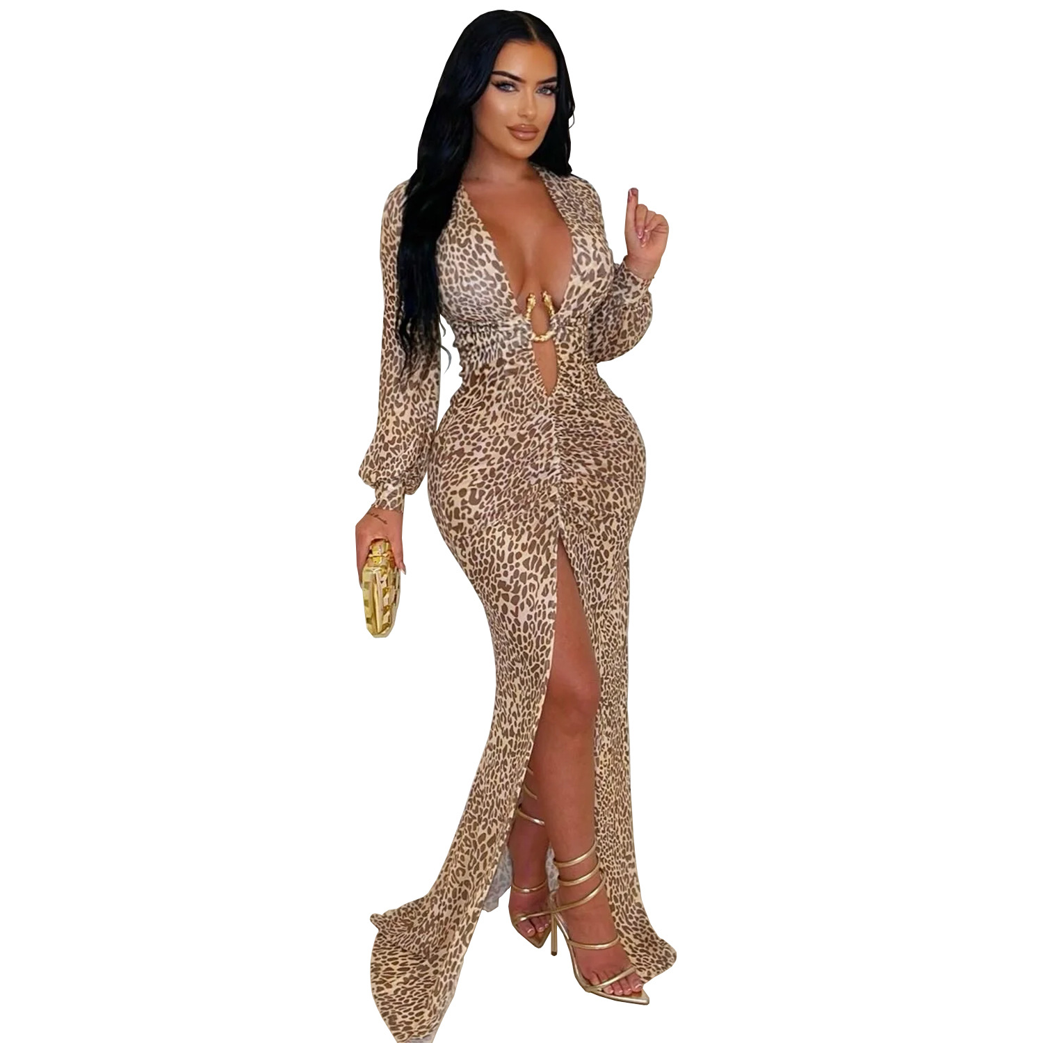 C7571 Aliexpress transfronterizo amazon ropa de moda europea y americana sexy V profunda vestido de brazo bifurcado de leopardo nuevo image 7