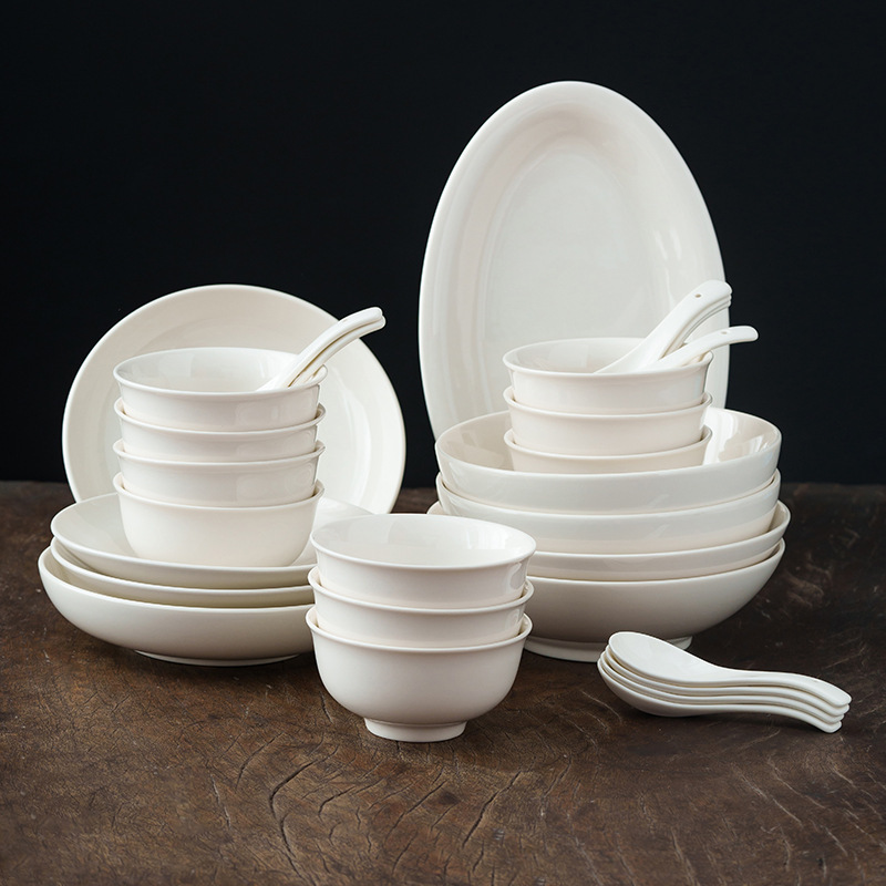 [Off-White] Dehua White Porcelain Tableware Set for 5-10 People Moving into a New Home Complete Set of Ceramic Bowls, Plates and Spoons