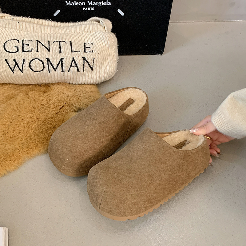 厚底博肯鞋半拖女秋冬加绒2025新款一脚蹬包头半拖鞋博肯外穿棉拖|undefined